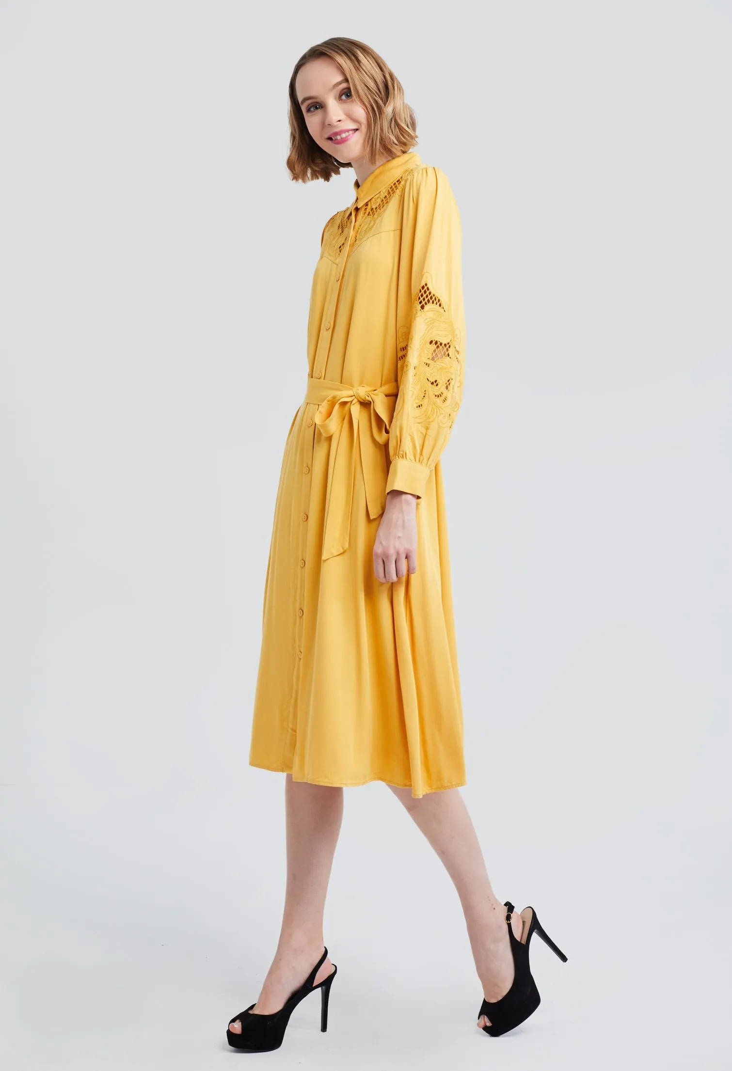 Embroidered Balloon Sleeve Belted Midi Dress