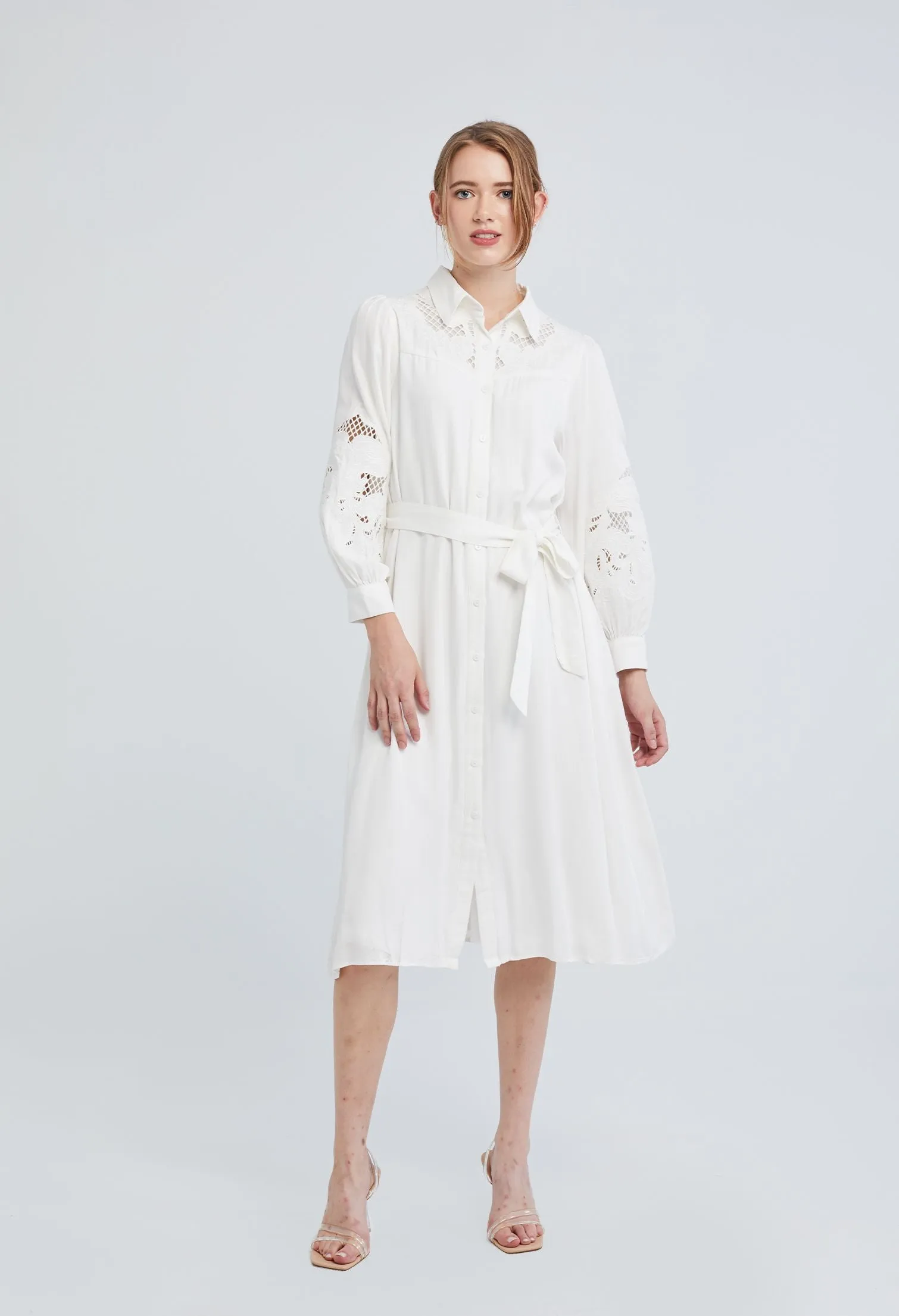 Embroidered Balloon Sleeve Belted Midi Dress