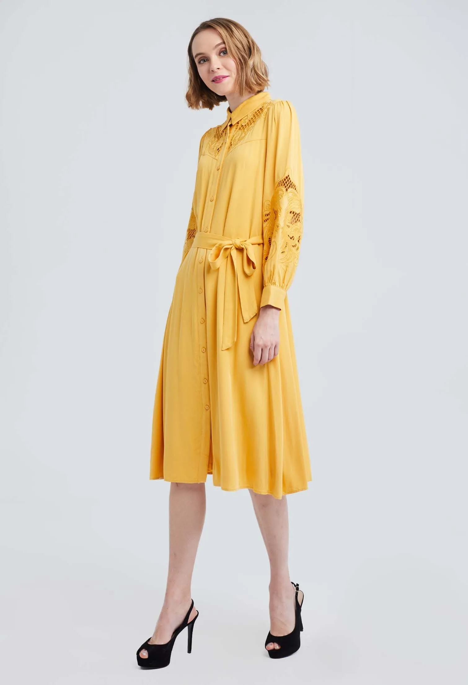 Embroidered Balloon Sleeve Belted Midi Dress