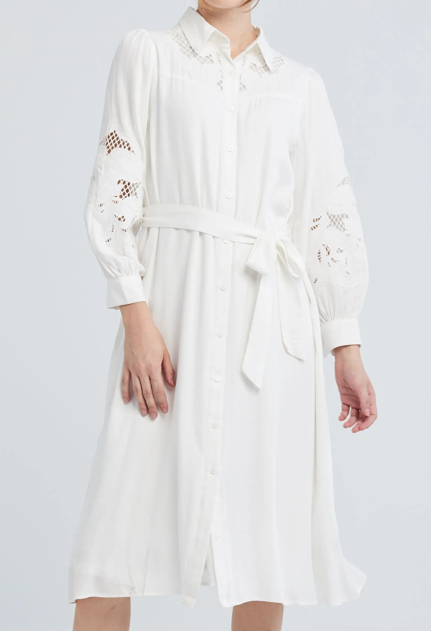 Embroidered Balloon Sleeve Belted Midi Dress