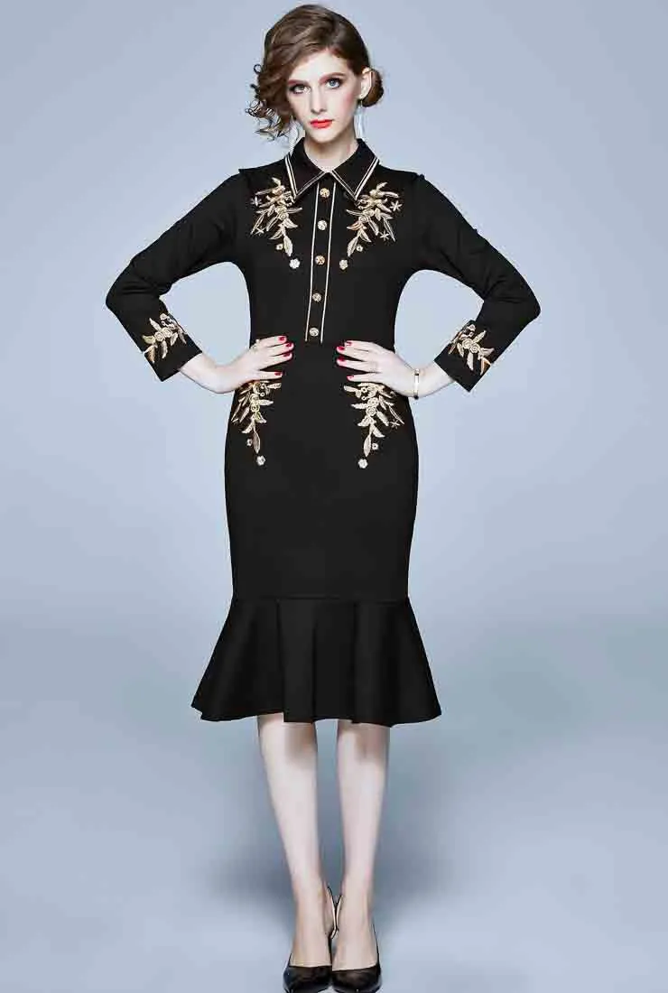 Embroidered Ruffled Bodycon Midi Dress
