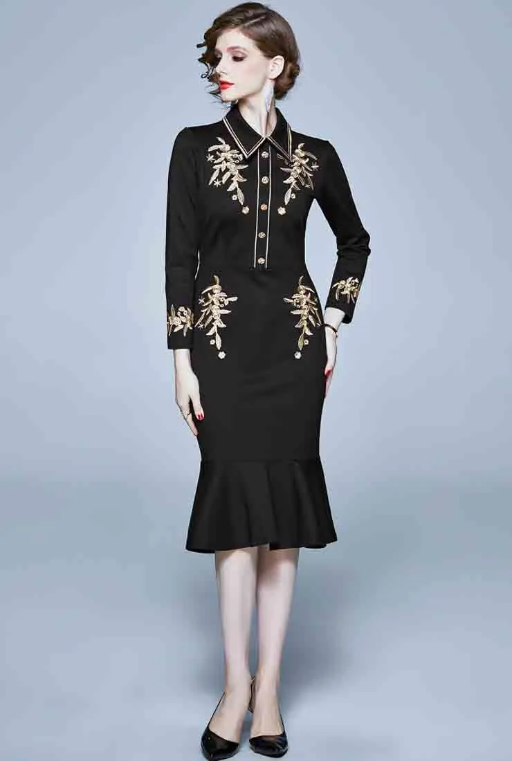 Embroidered Ruffled Bodycon Midi Dress