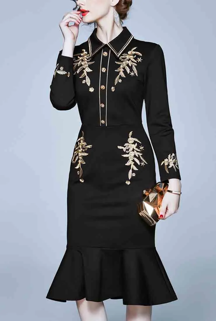 Embroidered Ruffled Bodycon Midi Dress