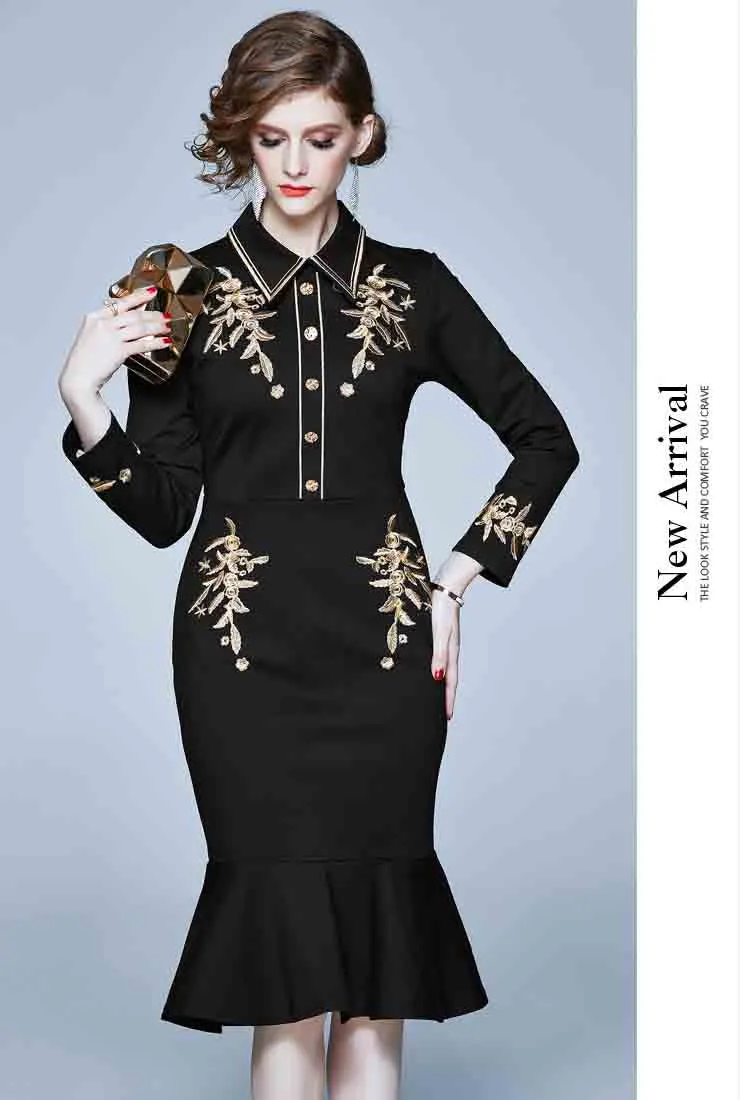 Embroidered Ruffled Bodycon Midi Dress