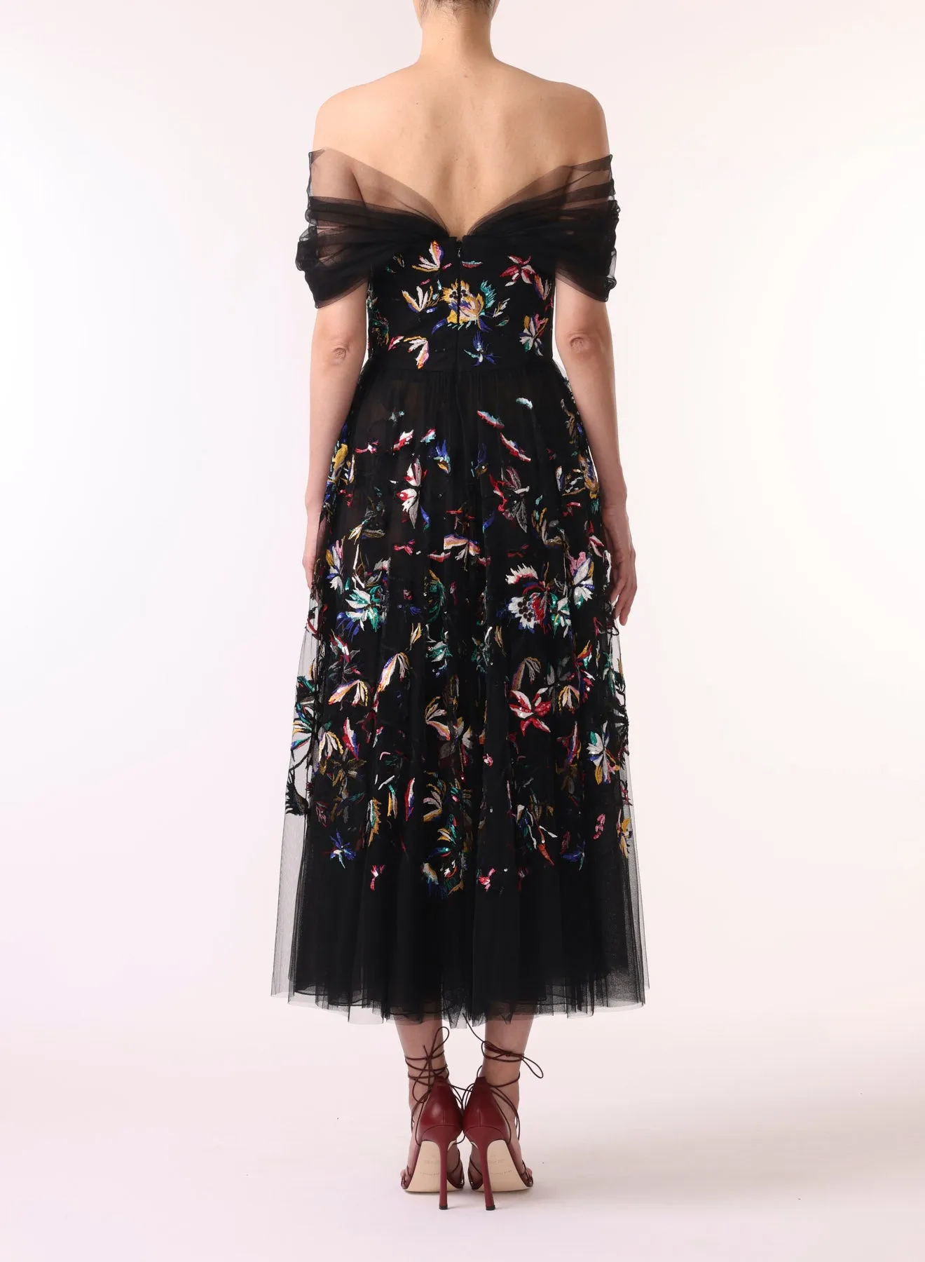 EMBROIDERED TULLE OFF THE SHOULDER COCKTAIL DRESS
