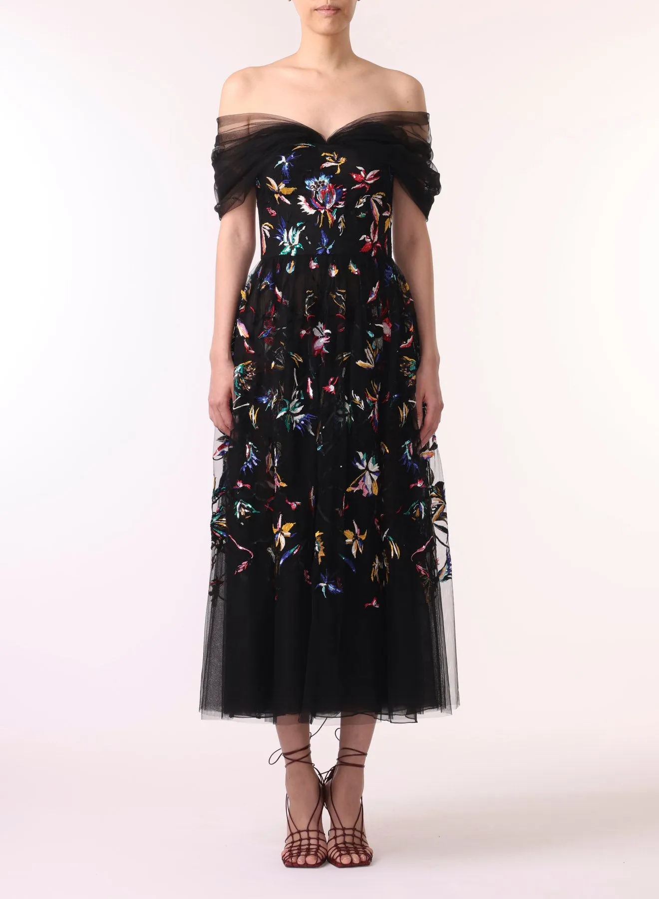 EMBROIDERED TULLE OFF THE SHOULDER COCKTAIL DRESS