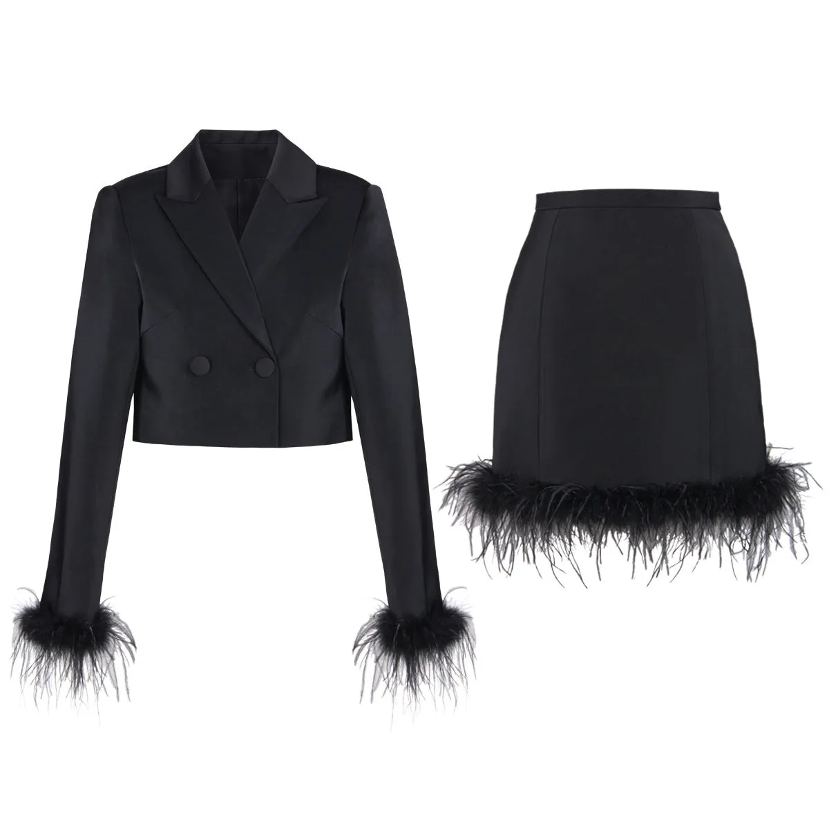 Feather Trim Blazer and Skirt Set