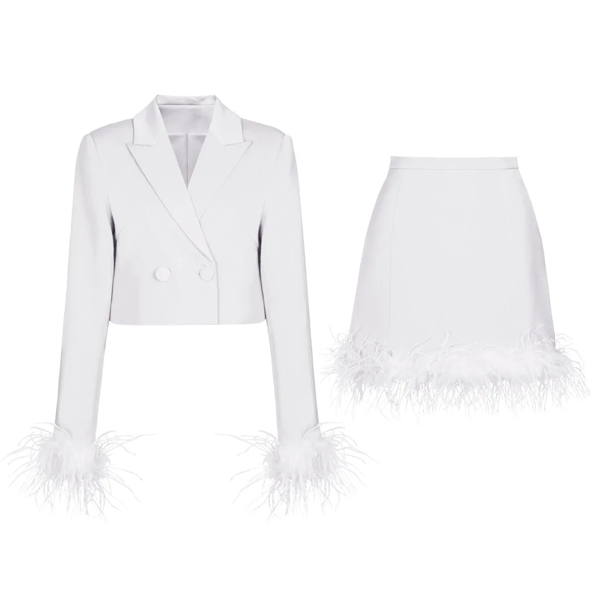 Feather Trim Blazer and Skirt Set