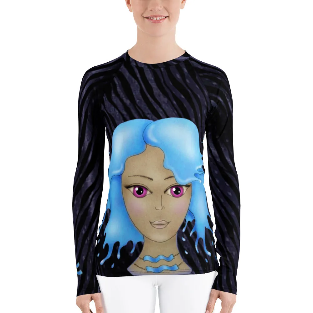 Fitness or Gymwear Top for Aquarius. Blue Black Rashguard "Cosmic Aqua" from WickedYo.