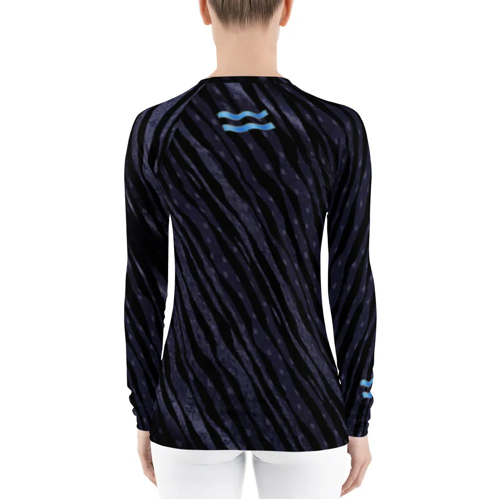 Fitness or Gymwear Top for Aquarius. Blue Black Rashguard "Cosmic Aqua" from WickedYo.