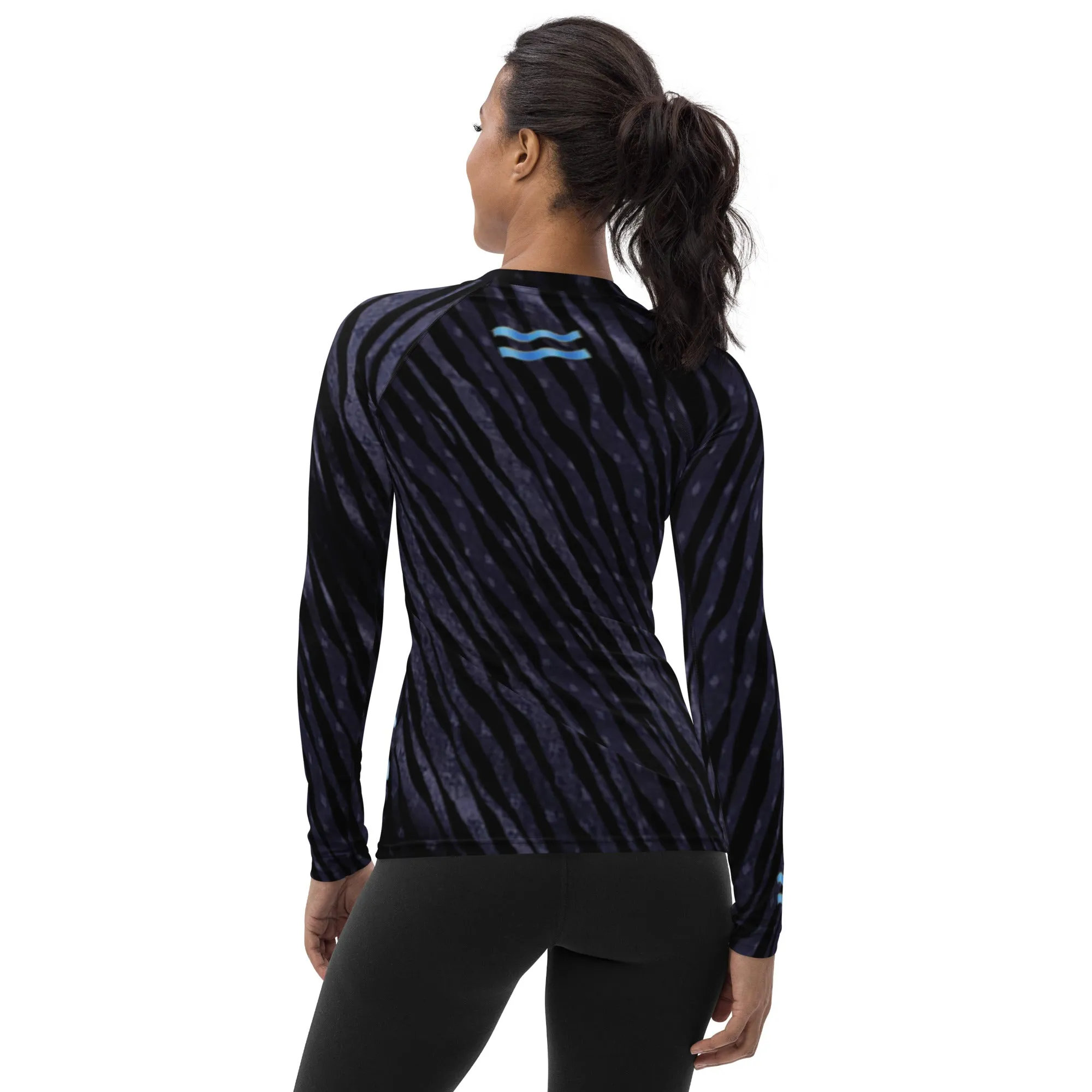 Fitness or Gymwear Top for Aquarius. Blue Black Rashguard "Cosmic Aqua" from WickedYo.