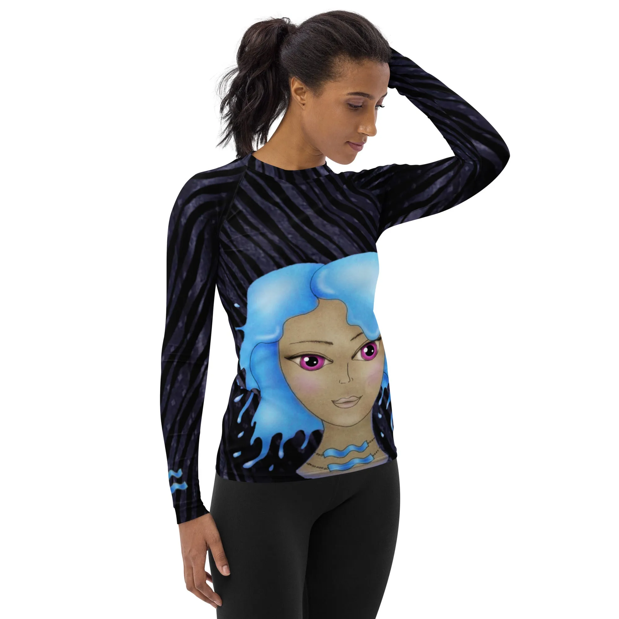 Fitness or Gymwear Top for Aquarius. Blue Black Rashguard "Cosmic Aqua" from WickedYo.