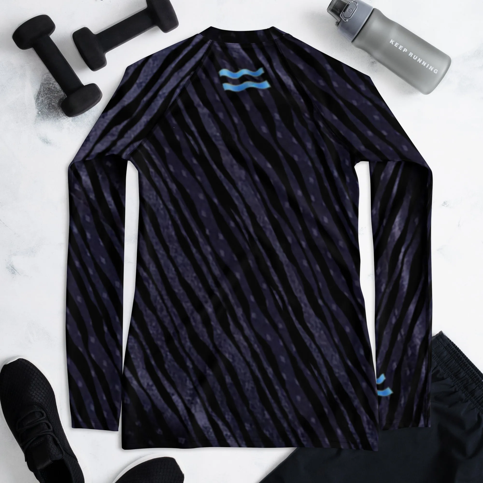 Fitness or Gymwear Top for Aquarius. Blue Black Rashguard "Cosmic Aqua" from WickedYo.