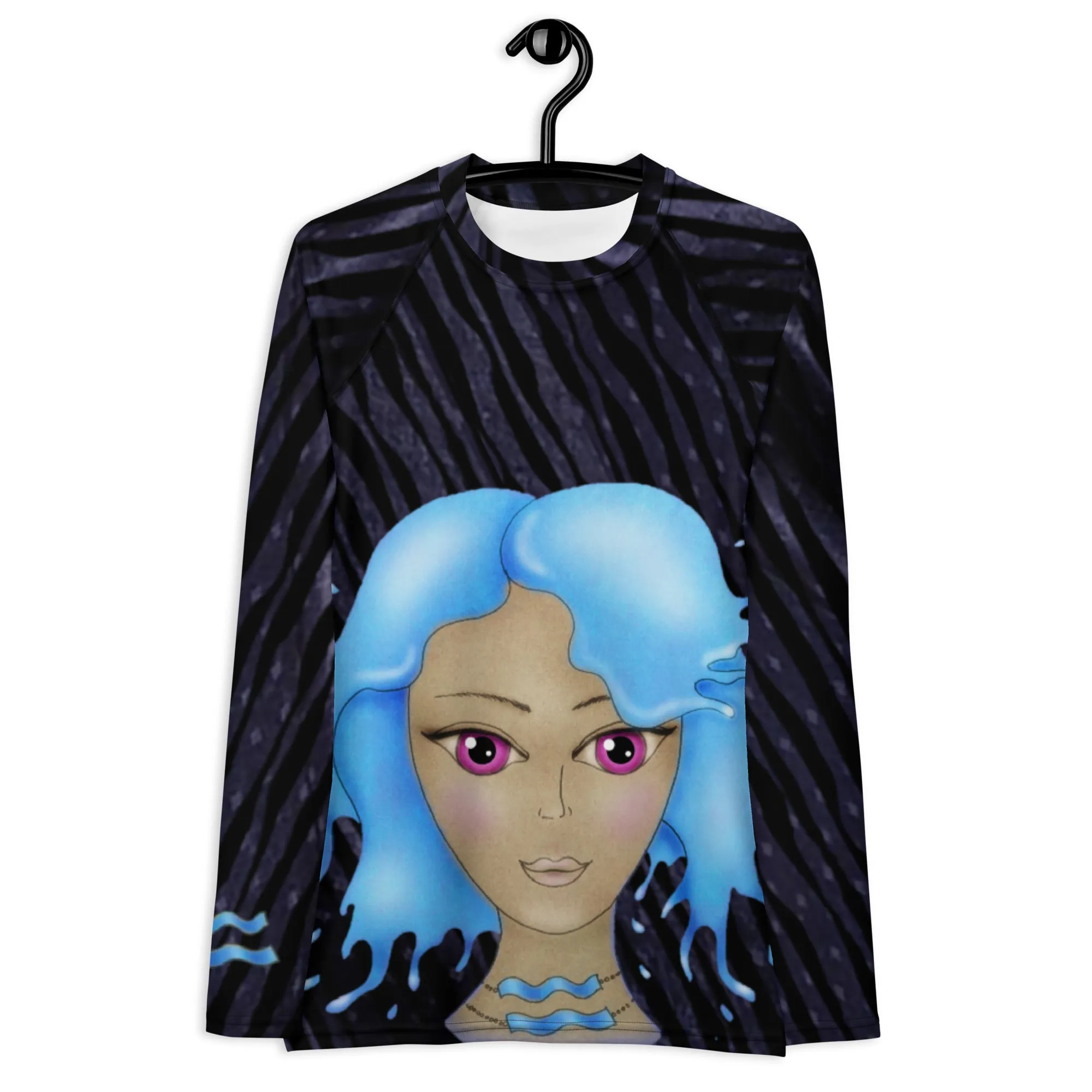 Fitness or Gymwear Top for Aquarius. Blue Black Rashguard "Cosmic Aqua" from WickedYo.