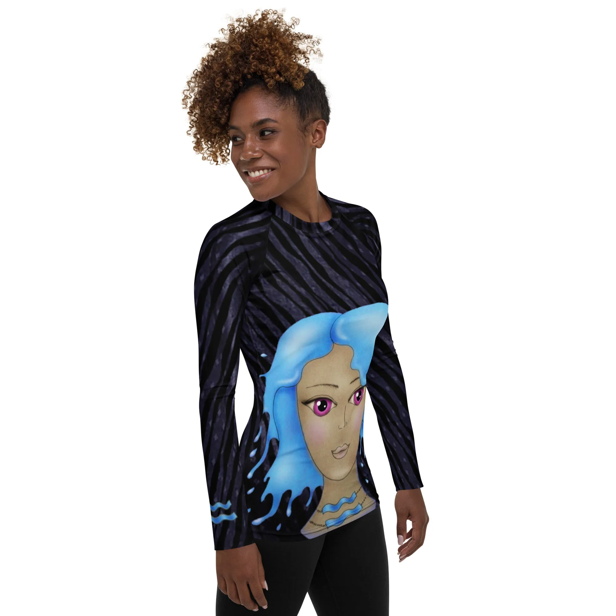Fitness or Gymwear Top for Aquarius. Blue Black Rashguard "Cosmic Aqua" from WickedYo.