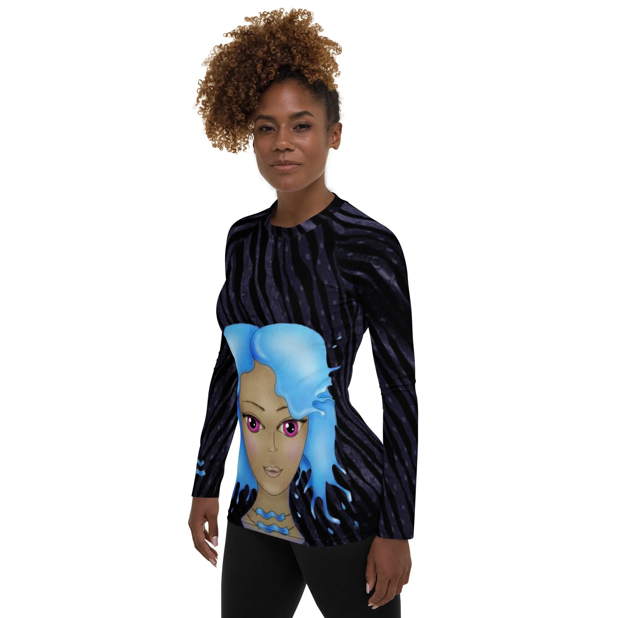 Fitness or Gymwear Top for Aquarius. Blue Black Rashguard "Cosmic Aqua" from WickedYo.