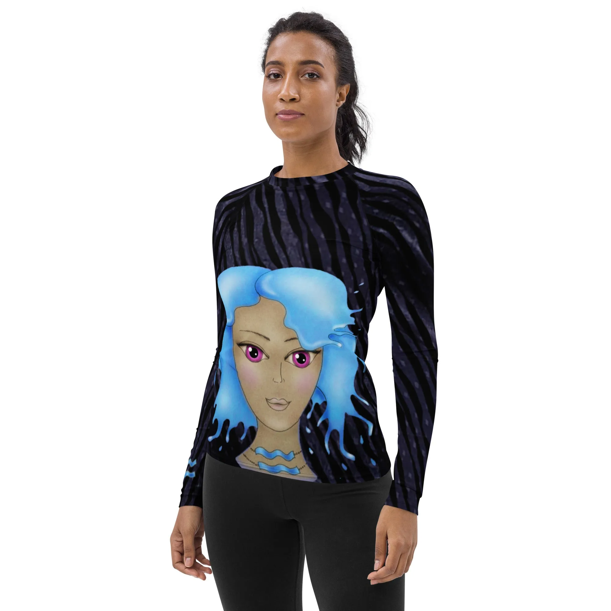 Fitness or Gymwear Top for Aquarius. Blue Black Rashguard "Cosmic Aqua" from WickedYo.