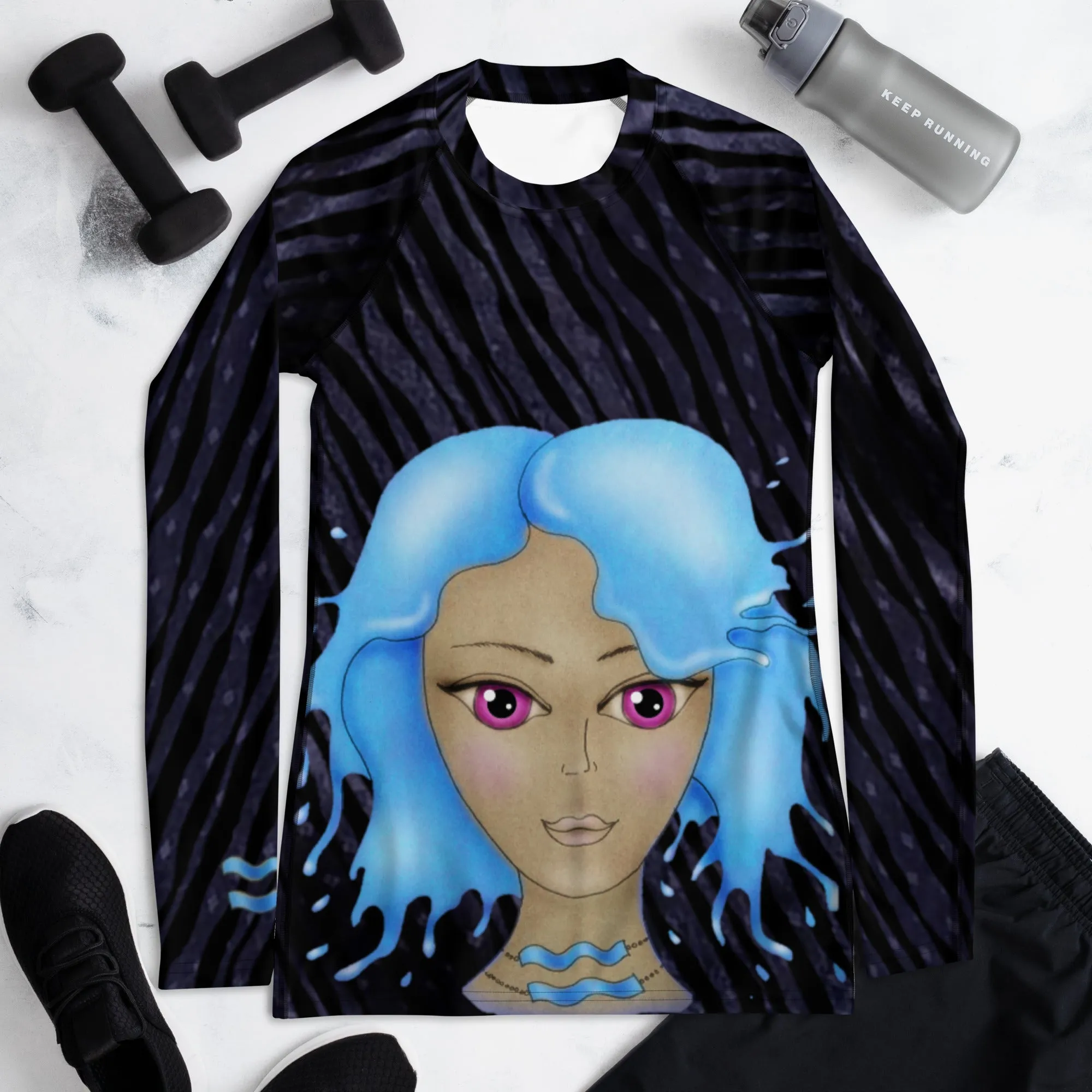 Fitness or Gymwear Top for Aquarius. Blue Black Rashguard "Cosmic Aqua" from WickedYo.
