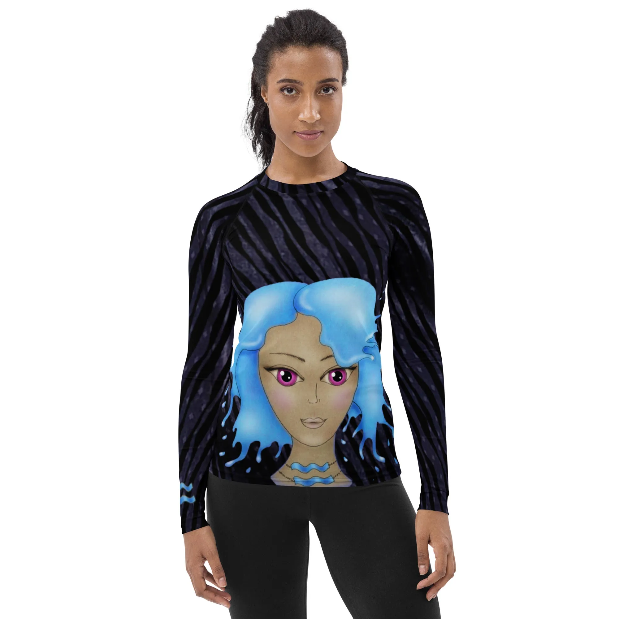 Fitness or Gymwear Top for Aquarius. Blue Black Rashguard "Cosmic Aqua" from WickedYo.