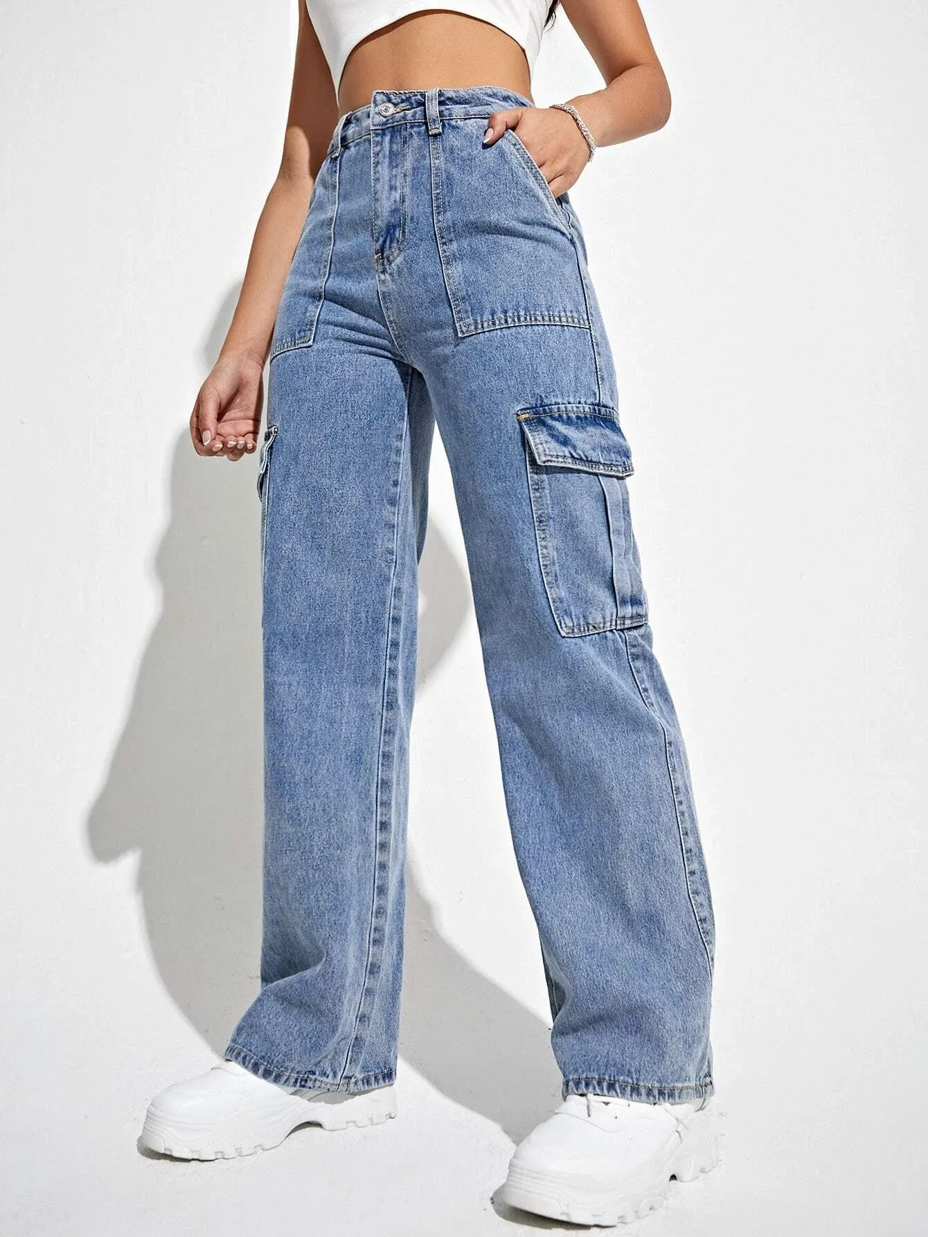 Flap Pocket Denim Cargo Jeans