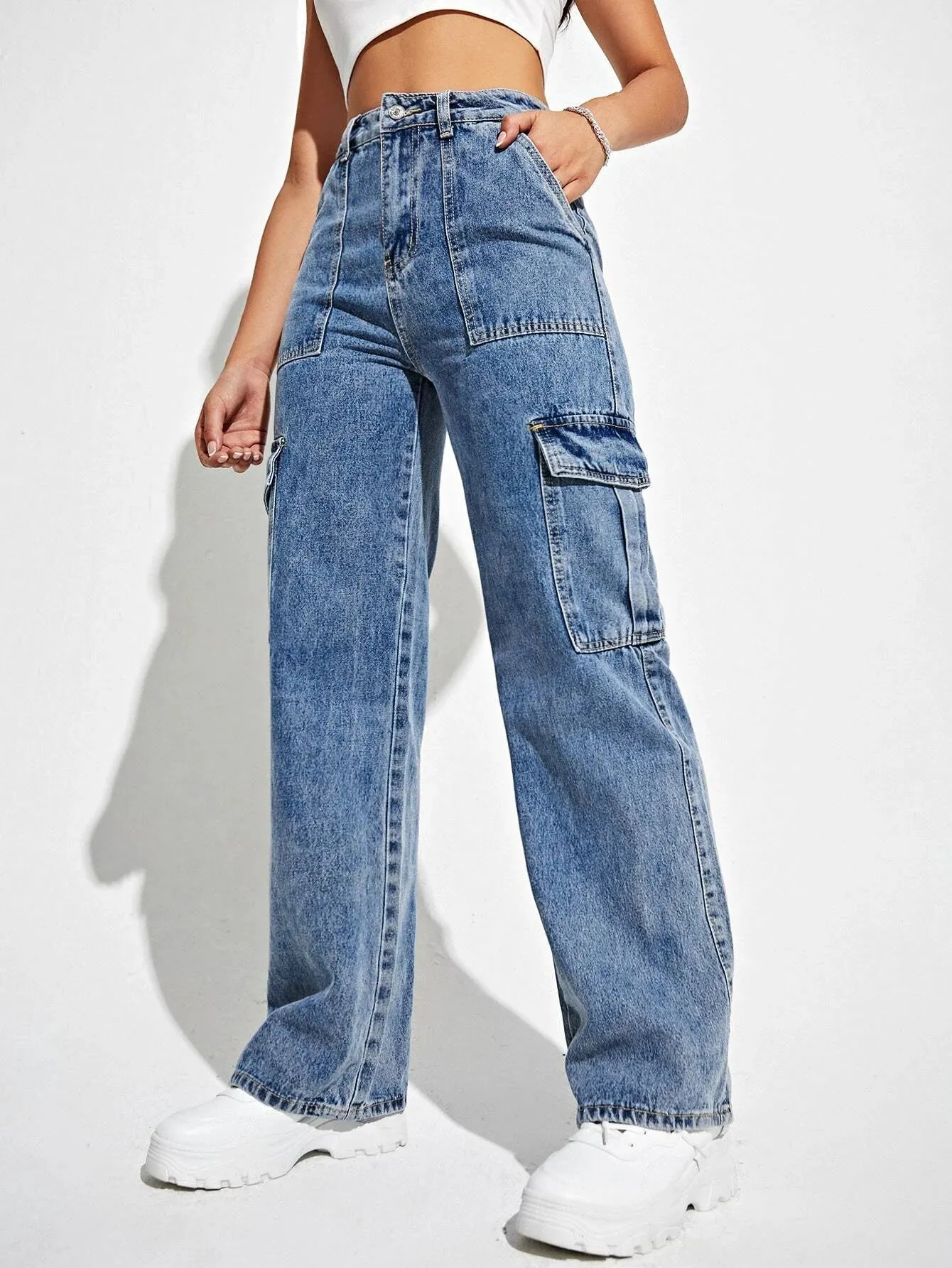 Flap Pocket Denim Cargo Jeans