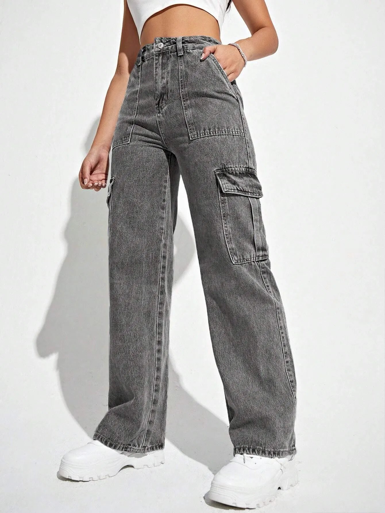 Flap Pocket Denim Cargo Jeans
