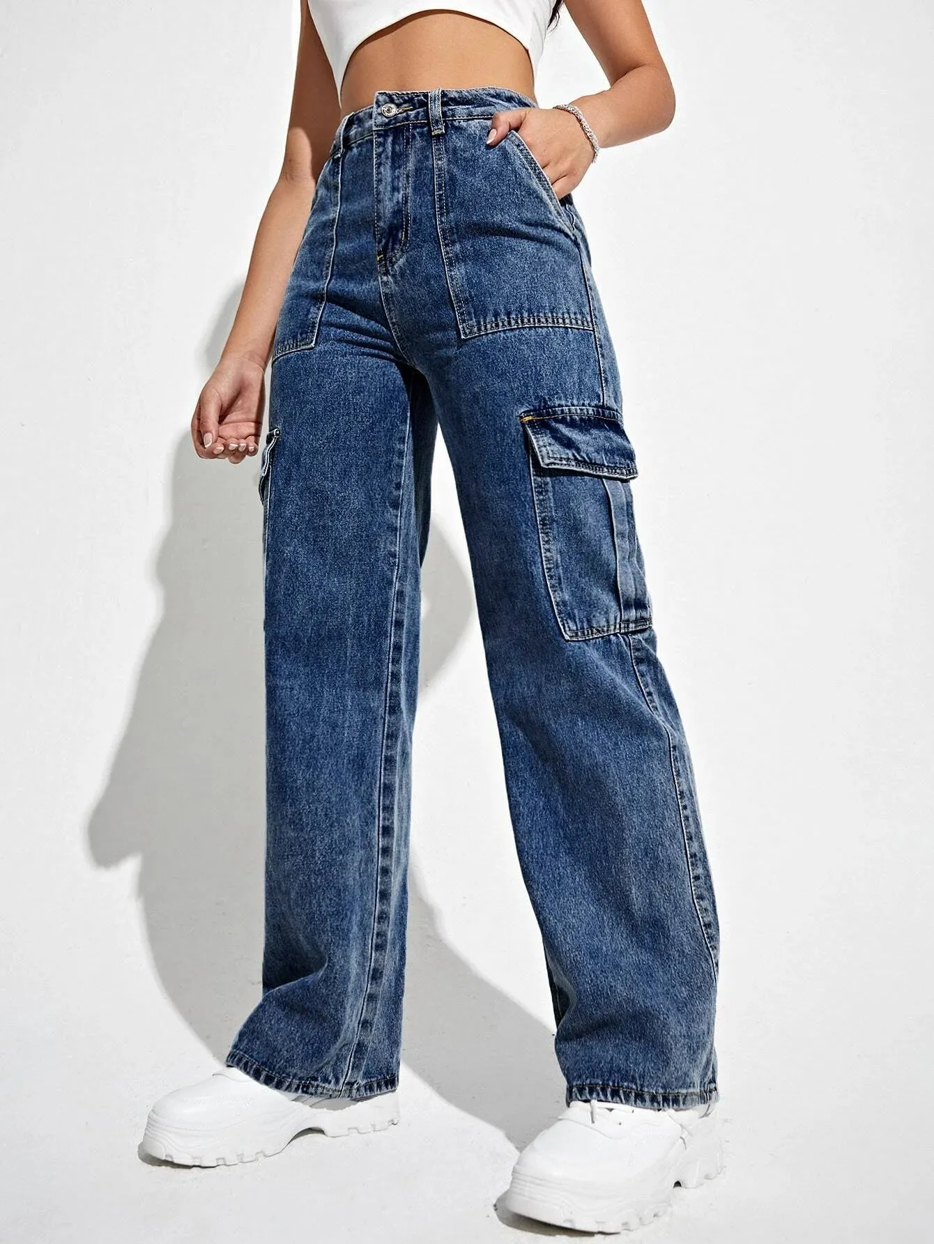 Flap Pocket Denim Cargo Jeans