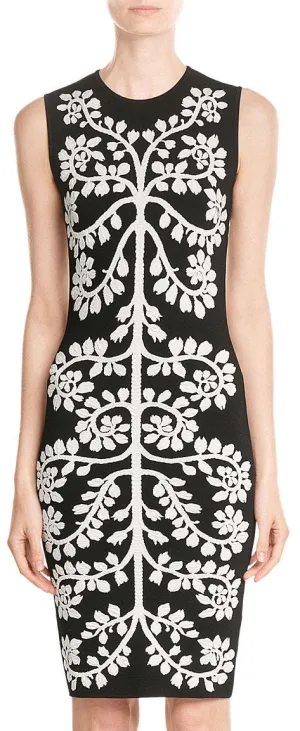 Floral Embroidered Intarsia Dress-Black