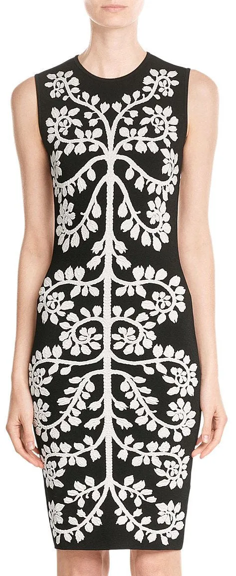 Floral Embroidered Intarsia Dress-Black