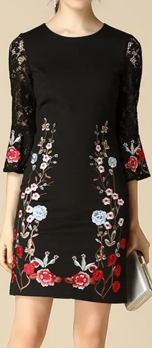 Floral-Embroidered Lace-Sleeve Mini Dress