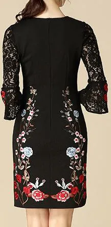 Floral-Embroidered Lace-Sleeve Mini Dress
