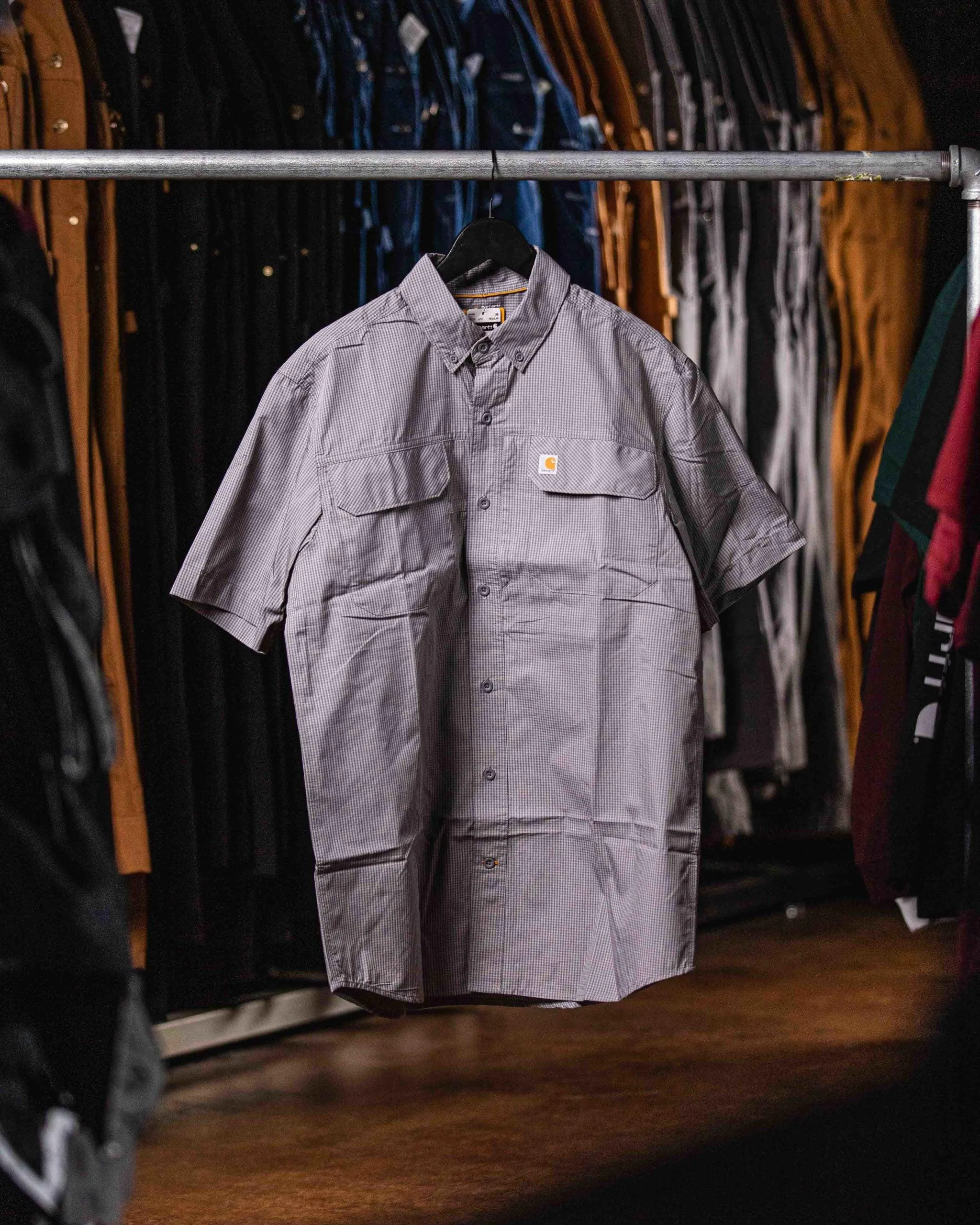 Force Men's Relaxed-Fit Lightweight SS Button-Front Plaid Shirt (Asphalt)