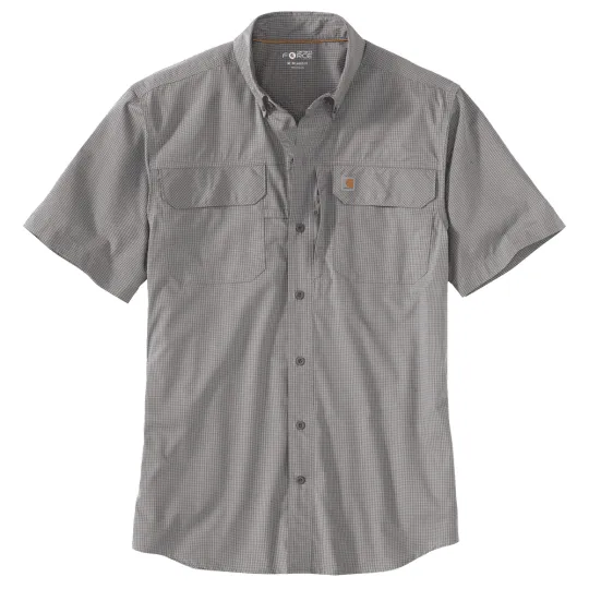 Force Men's Relaxed-Fit Lightweight SS Button-Front Plaid Shirt (Asphalt)