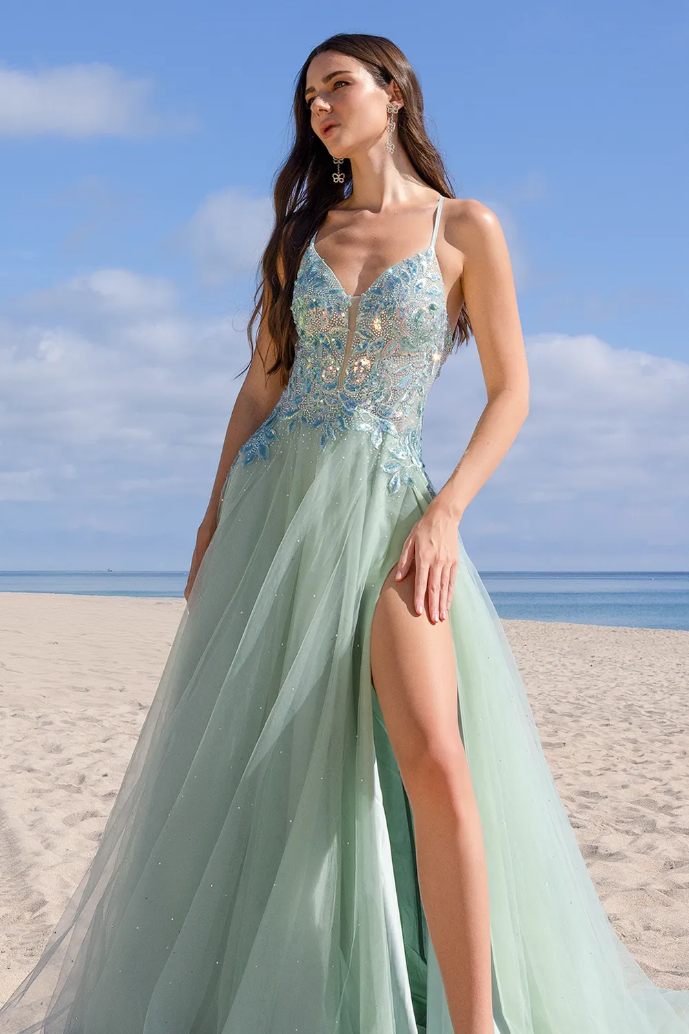 Formal A-Line Sleeveless Sequins Embellished Long Gown w/ Leg Slit & Spaghetti Straps ACTM1028