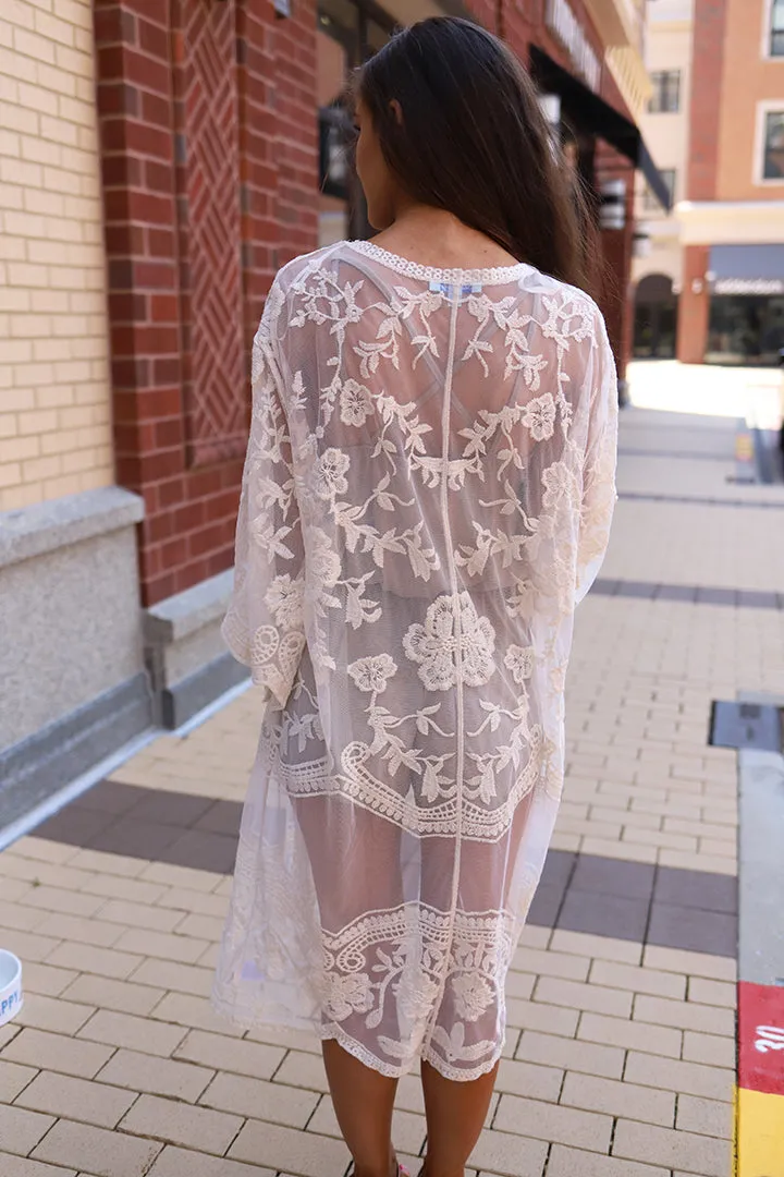 Free Bird Lace Crochet Kimono Midi-Duster - Ivory