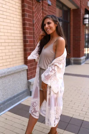 Free Bird Lace Crochet Kimono Midi-Duster - Ivory