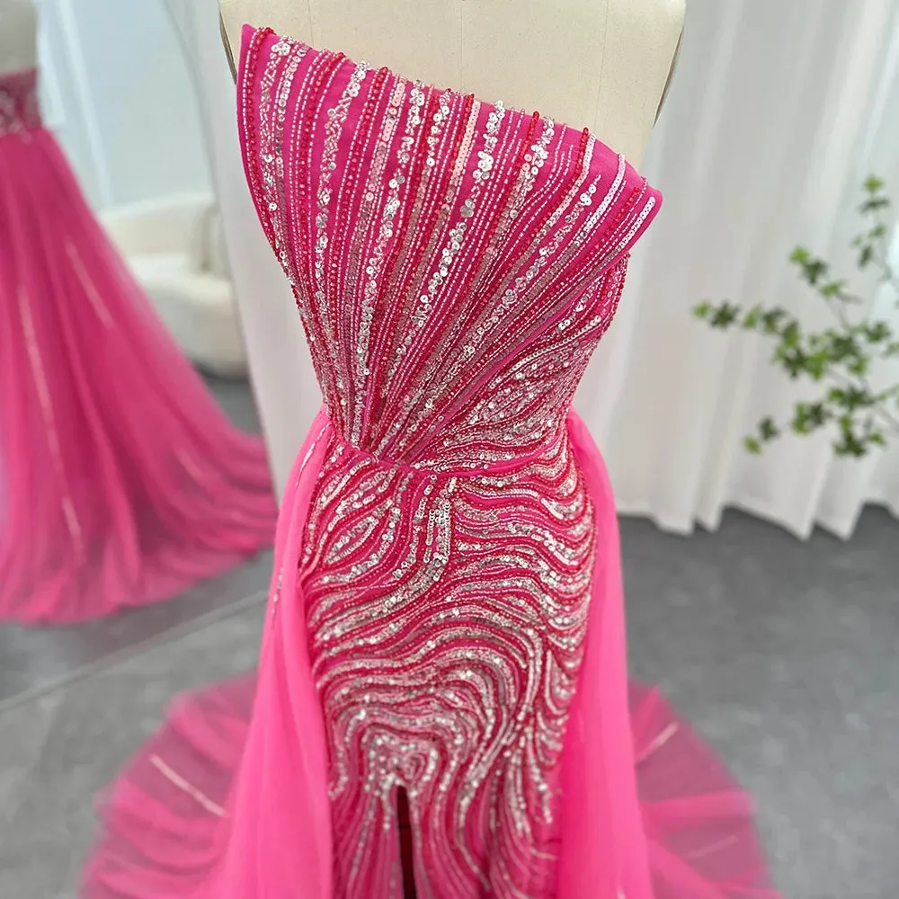 Fuchsia Overskirt Scalloped High Slit Formal Gowns