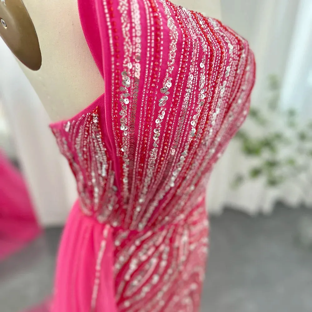 Fuchsia Overskirt Scalloped High Slit Formal Gowns