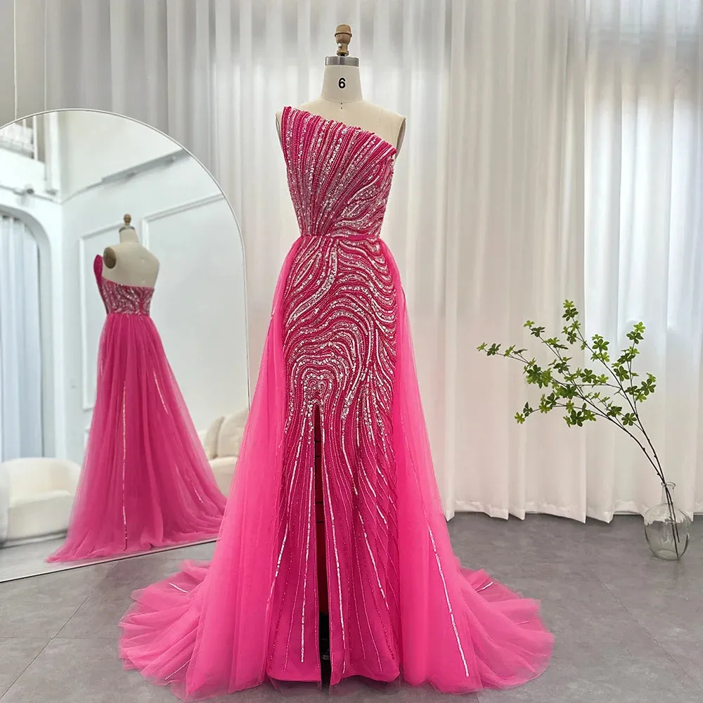 Fuchsia Overskirt Scalloped High Slit Formal Gowns