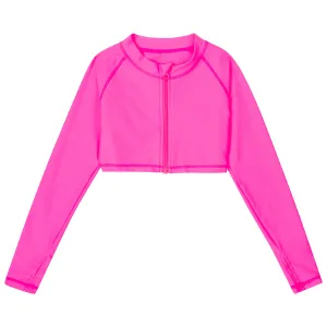 Girls Long Sleeve Crop Rash Guard | "Neon Pink"