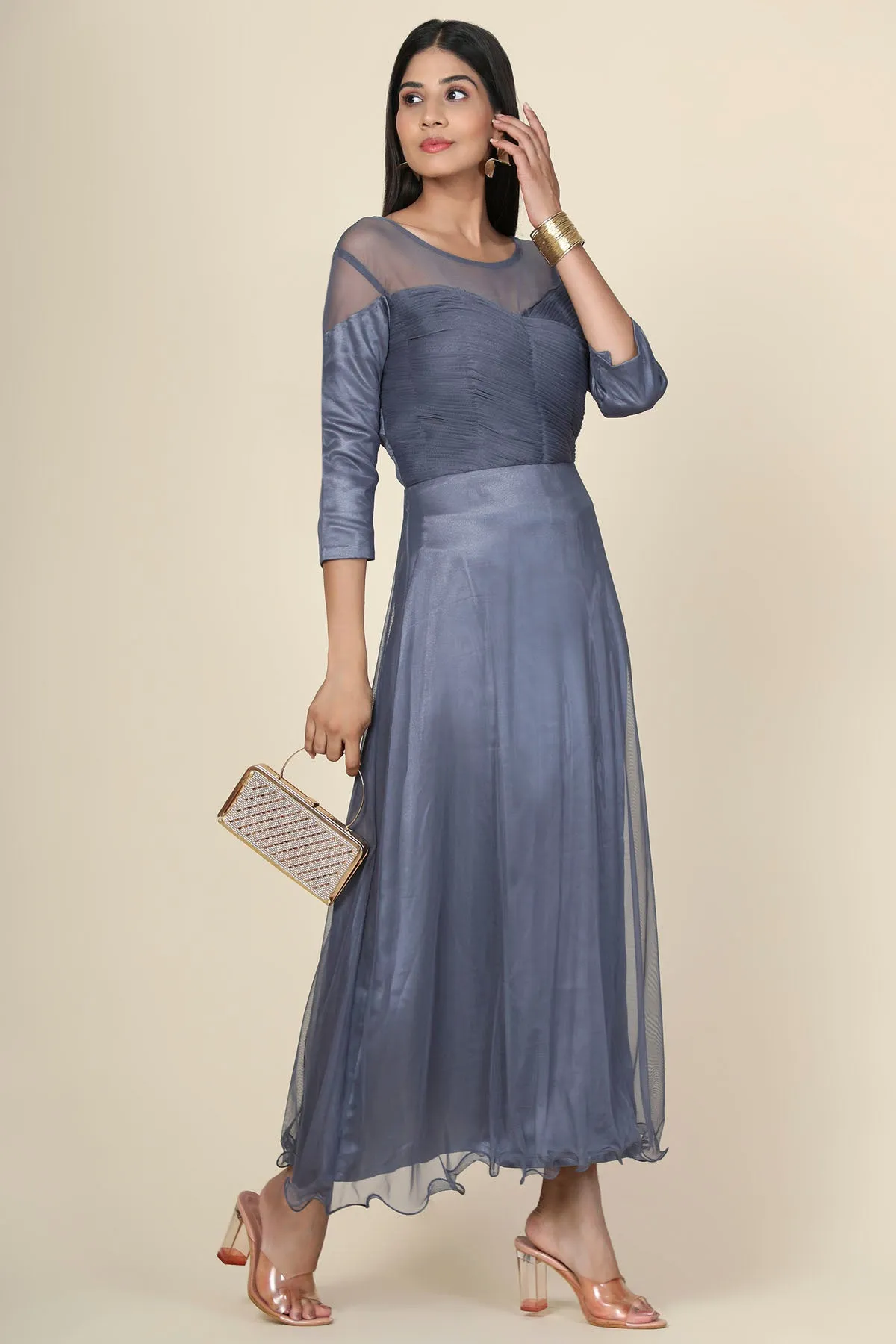 Grey Pleat Draped Gown