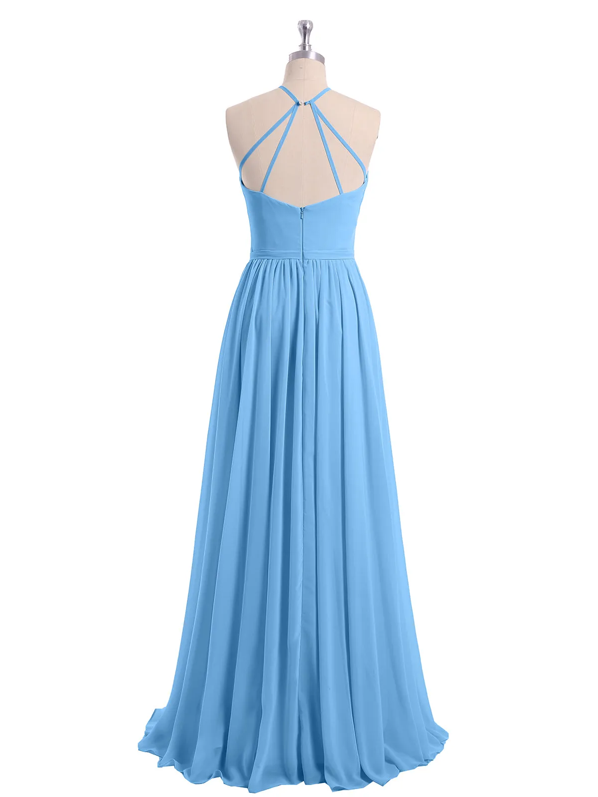 Halter Long Chiffon Gowns with Double Straps-Blue