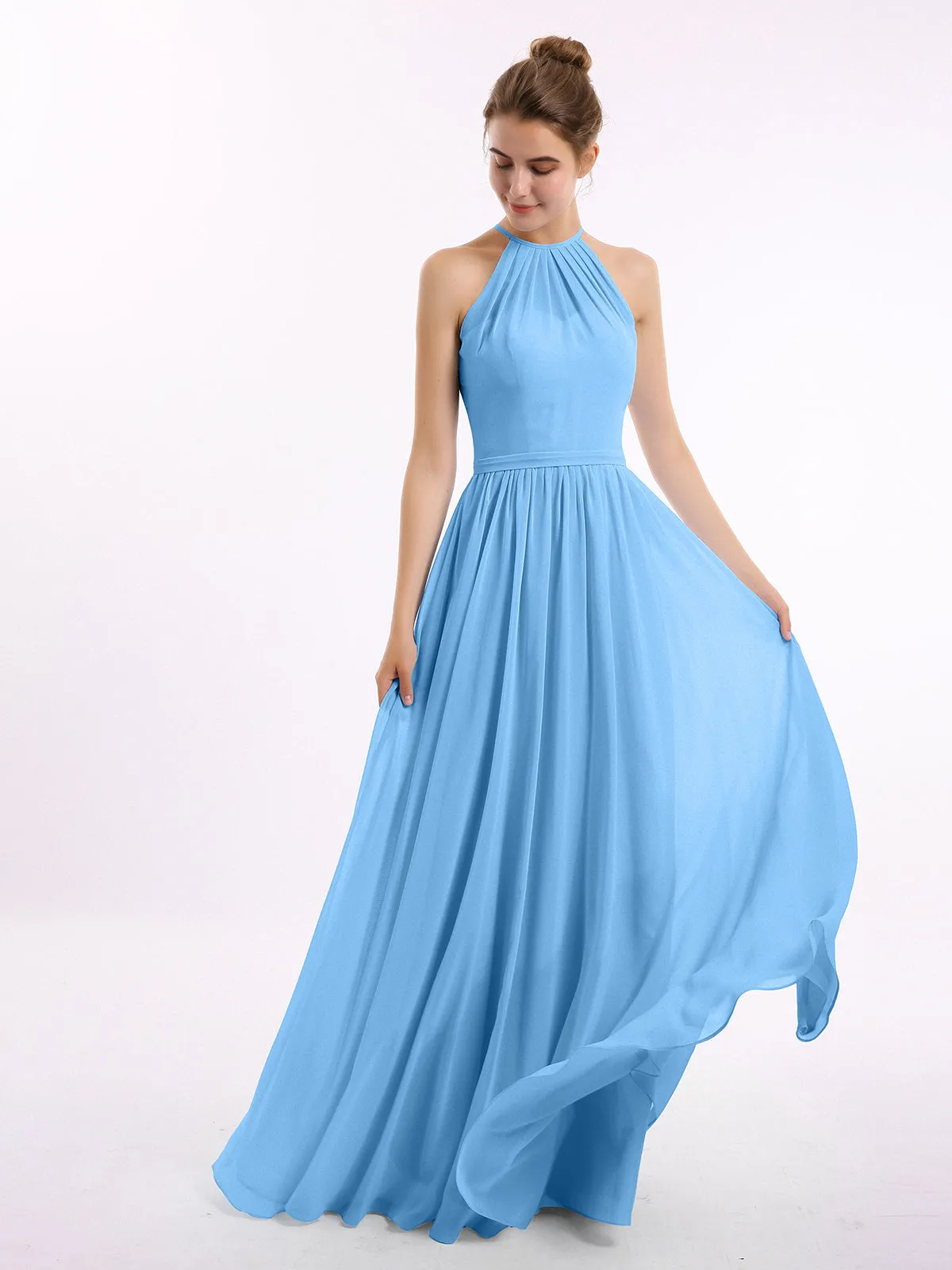 Halter Long Chiffon Gowns with Double Straps-Blue