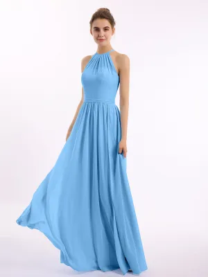 Halter Long Chiffon Gowns with Double Straps-Blue