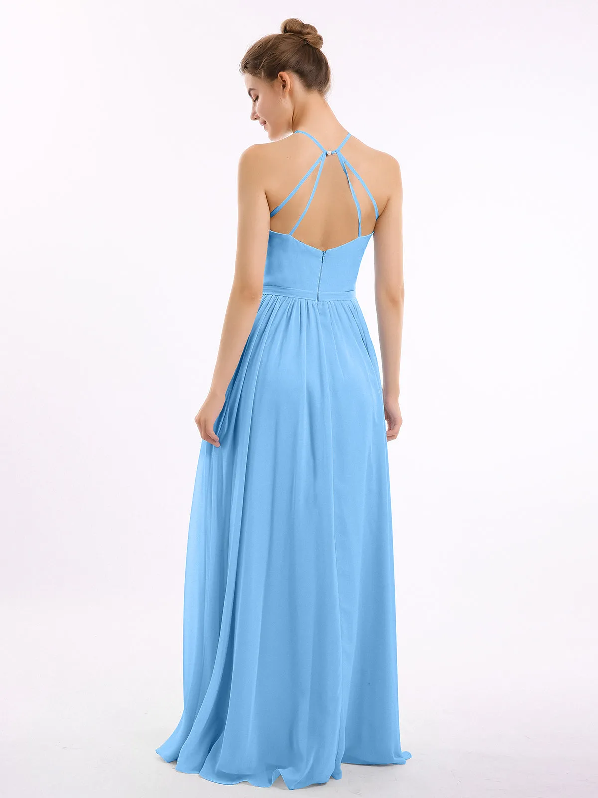 Halter Long Chiffon Gowns with Double Straps-Blue