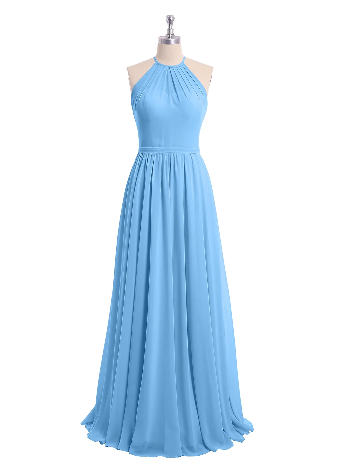 Halter Long Chiffon Gowns with Double Straps-Blue