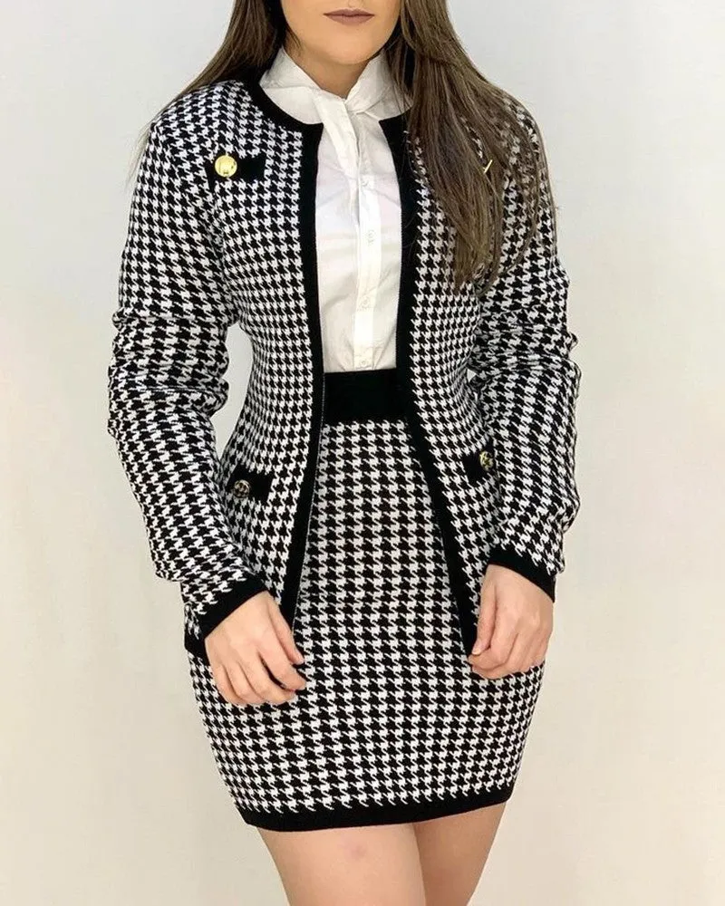 Houndstooth Print Buttoned Coat & Skirt Set