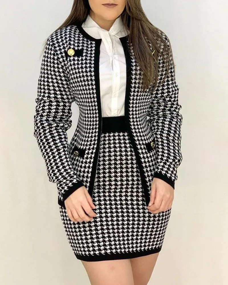Houndstooth Print Buttoned Coat & Skirt Set