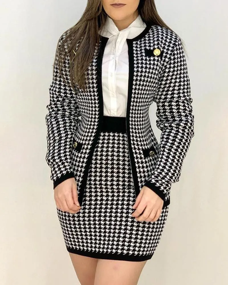 Houndstooth Print Buttoned Coat & Skirt Set