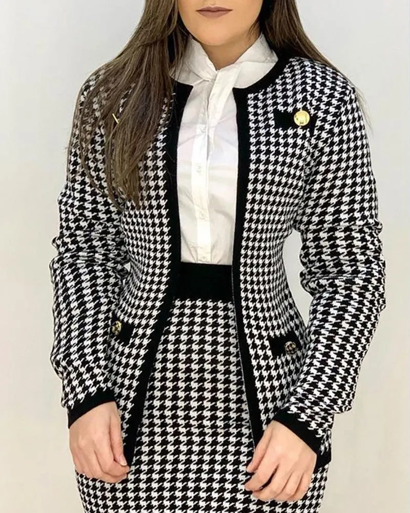 Houndstooth Print Buttoned Coat & Skirt Set
